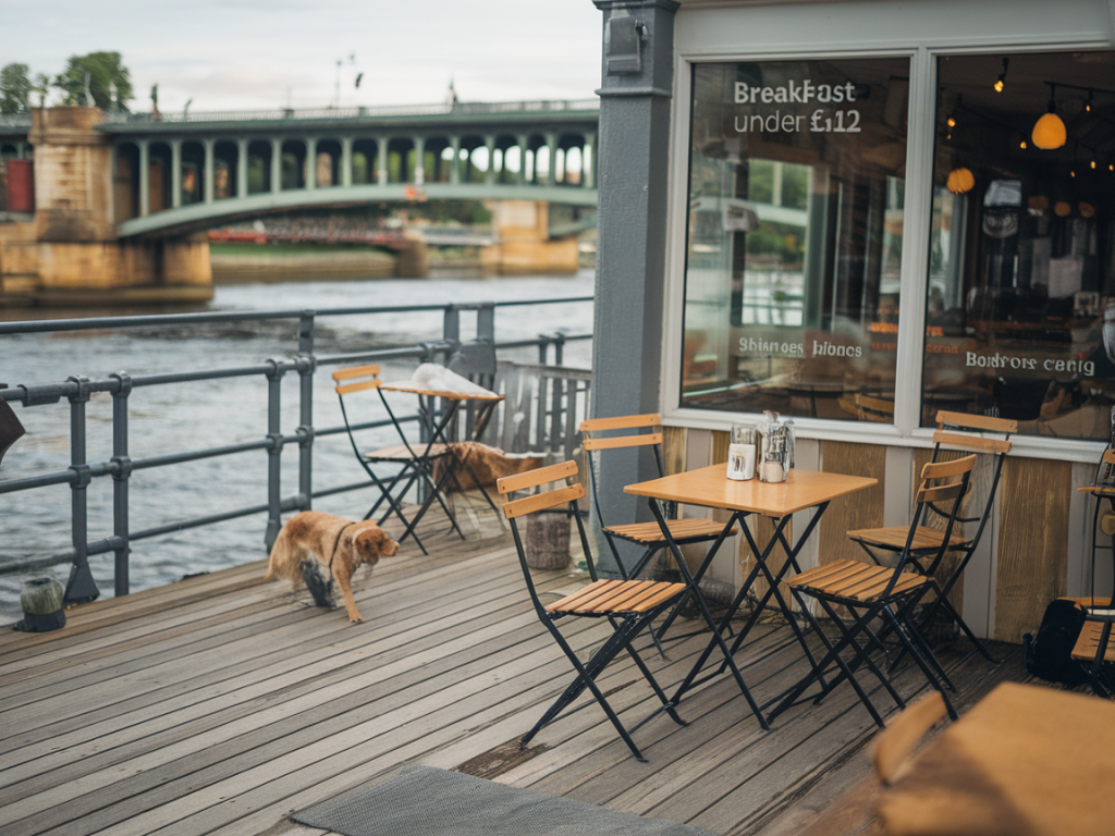 Which riverside cafés in york serve breakfast under £12 and welcome dogs